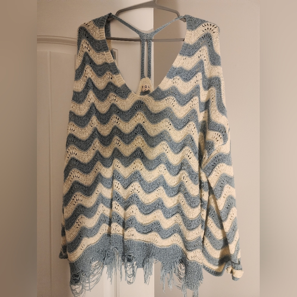 POL Blue & Cream Cool BOHO Chevron Striped FRINGED Sweater EUC